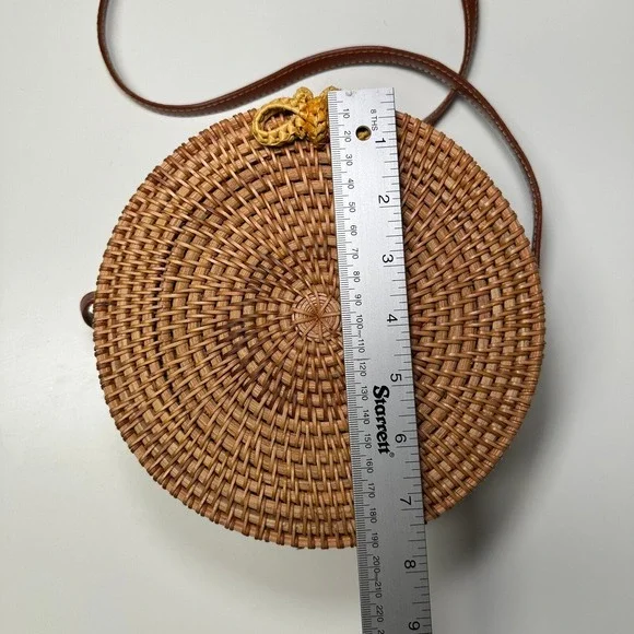 Unbranded Round Rattan Wicker Crossbody Bag Brown Boho Floral Lining - Picture 6 of 6